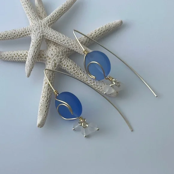 Island Wave on Full Moon Blue Sea Glass Wirework Ocean Earrings - Picture 3 of 4